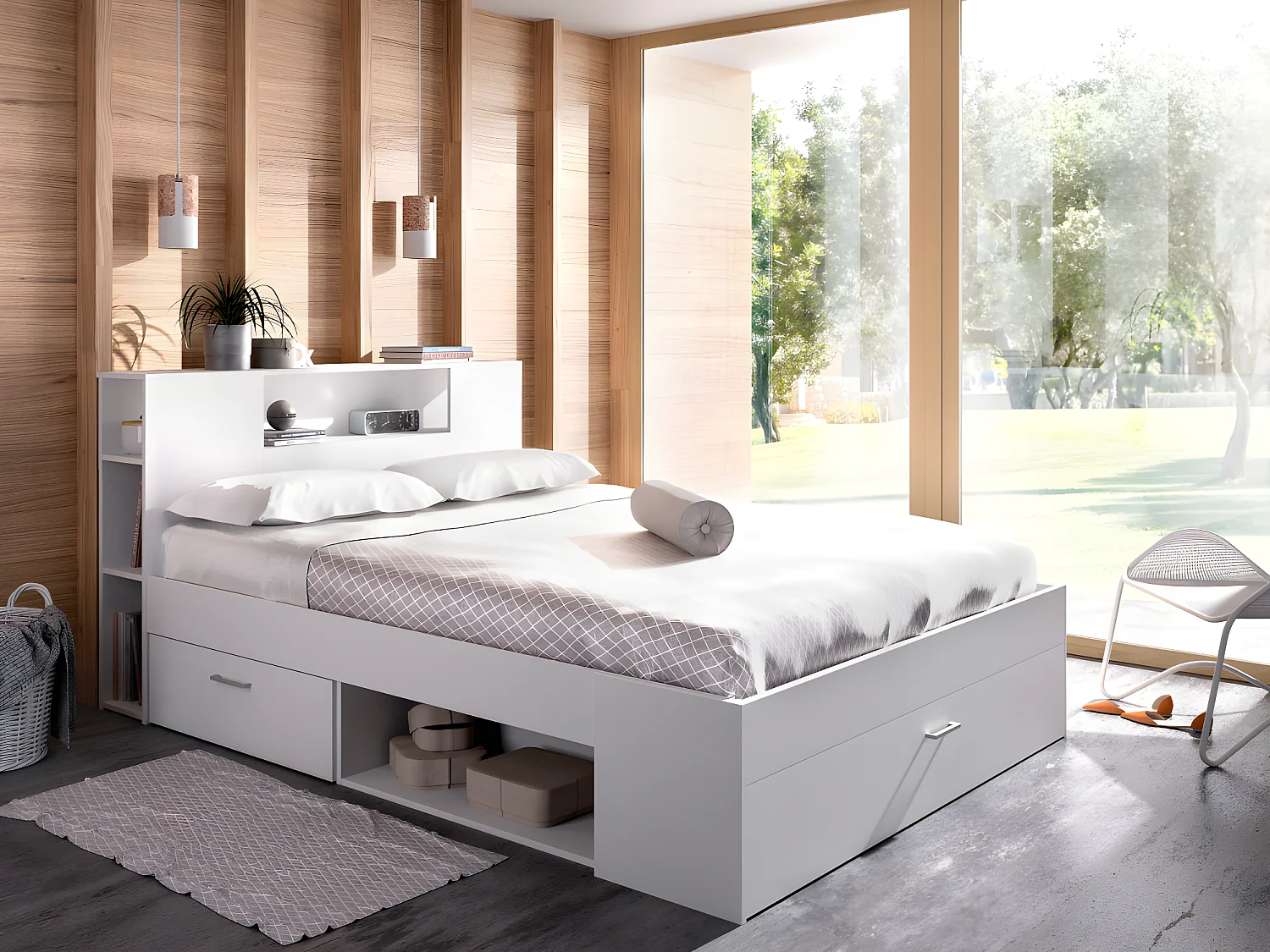 Compleet bed LEANDRE met hoofdeinde - 160 x 200 cm - wit