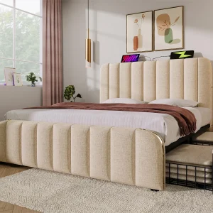 Bed met lades 160x200cm in linnenstof – met USB & Type-C opladen – versierd met gouden strepen – Beige Bed met lades 160x200cm in linnenstof – met USB & Type-C opladen – versierd met gouden strepen – Beige