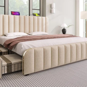 Bed met lades 180x200cm in linnenstof – met USB & Type-C opladen – versierd met gouden strepen – Beige Bed met lades 180x200cm in linnenstof – met USB & Type-C opladen – versierd met gouden strepen – Beige