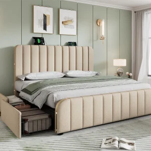 Bed met lades 140x200cm in linnenstof – met USB & Type-C opladen – versierd met gouden strepen – Beige Bed met lades 140x200cm in linnenstof – met USB & Type-C opladen – versierd met gouden strepen – Beige