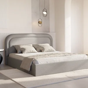 Bed met opbergruimte 160 x 200 cm in gevlamde lichtgrijze stof + matras – FIREZA Bed met opbergruimte 160 x 200 cm in gevlamde lichtgrijze stof + matras – FIREZA