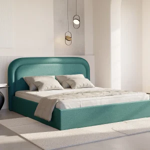 Bed met opbergruimte 180 x 200 cm in gevlamde blauwgroene stof + matras – FIREZA Bed met opbergruimte 180 x 200 cm in gevlamde blauwgroene stof + matras – FIREZA
