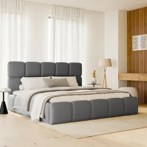 Bed met opbergruimte 140 x 190 cm in grijze stof met lederlook – DAMADO van Pascal Morabito Bed met opbergruimte 140 x 190 cm in grijze stof met lederlook – DAMADO van Pascal Morabito