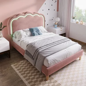 Bed 90 x 190 cm met verstelbaar hoofdeinde – Fluweel – LED's – Roze