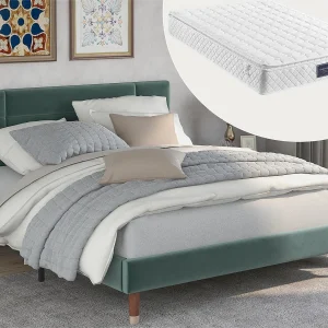 Bed met hoofdeinde – 140 x 200 cm – fluweel – groen + matras Bed met hoofdeinde – 140 x 200 cm – fluweel – groen + matras
