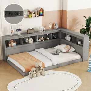 Bed 90 x 200 cm, slaapbank – Opbergplanken en 2 USB-aansluitingen – Spaanplaat – Grijs (zonder matras) Bed 90 x 200 cm, slaapbank – Opbergplanken en 2 USB-aansluitingen – Spaanplaat – Grijs (zonder matras)