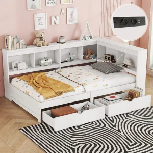 Bed 90 x 200 cm, slaapbank – 2 lades, opbergplanken en 2 USB-aansluitingen – Spaanplaat – Wit Bed 90 x 200 cm, slaapbank – 2 lades, opbergplanken en 2 USB-aansluitingen – Spaanplaat – Wit