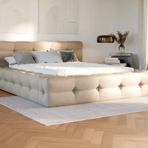 Bed met opbergruimte 140 x 190 cm van beige gechineerde stof – LERUCO van Pascal Morabito Bed met opbergruimte 140 x 190 cm van beige gechineerde stof – LERUCO van Pascal Morabito