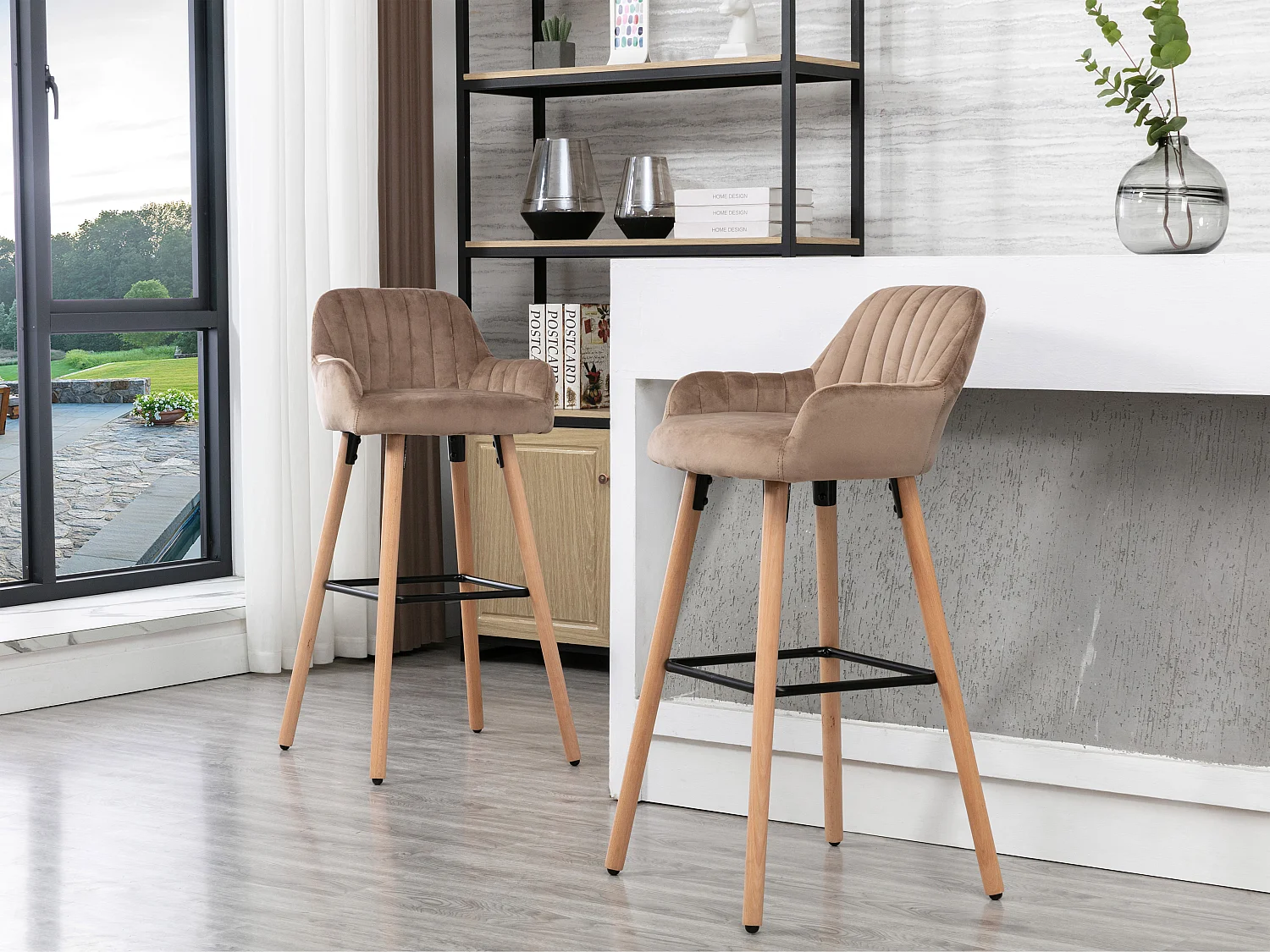 Barkruk van fluweel en beukenhouten poten - Beige - ELEANA - Koop nu goedkoop online