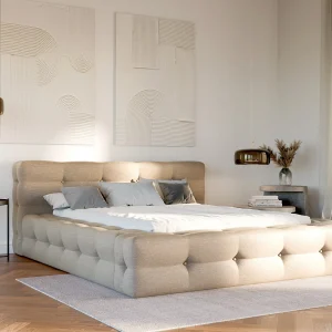 Bed 140 x 190 cm van beige gechineerde stof + bedbodem + matras – LERUCO van Pascal Morabito Bed 140 x 190 cm van beige gechineerde stof + bedbodem + matras – LERUCO van Pascal Morabito