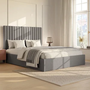 Bed met opbergruimte 160 x 200 cm met hoofdbord van grijs ribfluweel – SARAH