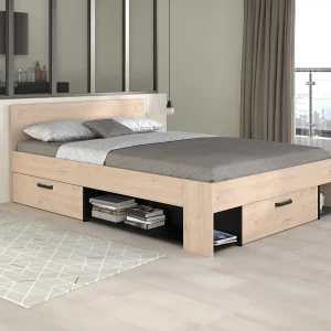 Bed 140 x 190/200 cm met opbergruimte, naturel en zwart – KINSELIA
