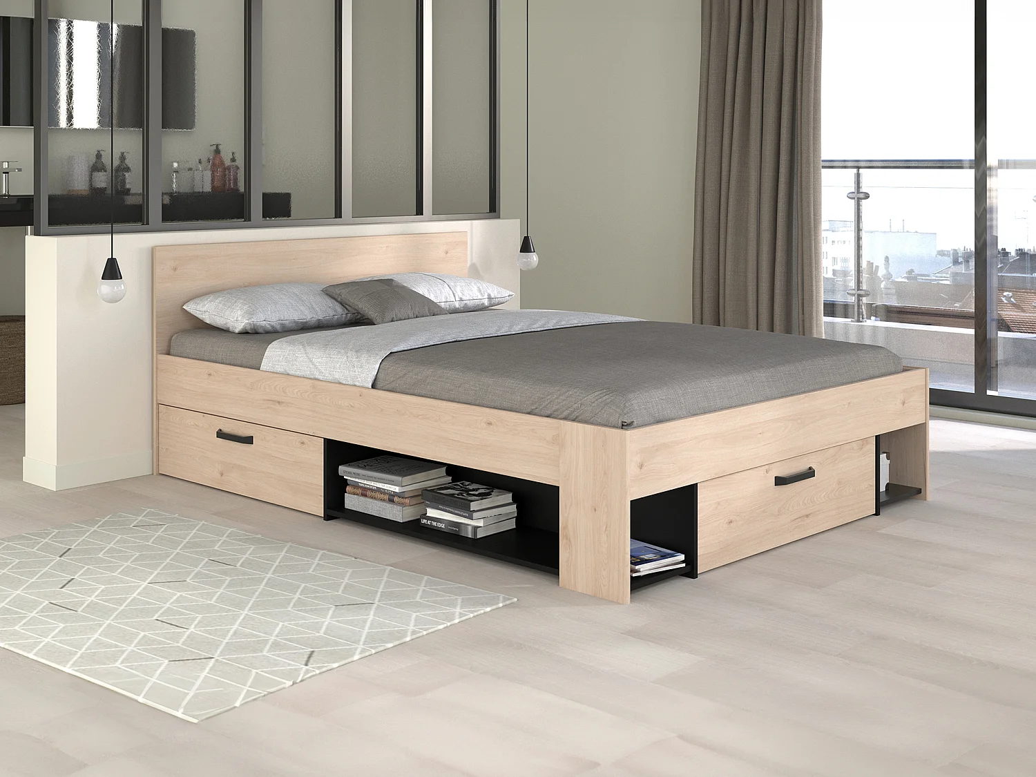 Bed 140 x 190/200 cm met opbergruimte, naturel en zwart + bedbodem + matras - KINSELIA