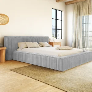 Bed met opbergruimte 160 x 200 cm van lichtgrijs ribfluweel met brede ribbels + matras – TIMANO van Pascal Morabito Bed met opbergruimte 160 x 200 cm van lichtgrijs ribfluweel met brede ribbels + matras – TIMANO van Pascal Morabito