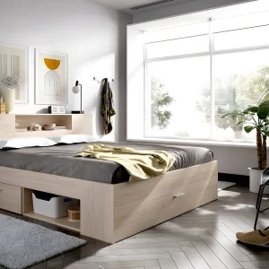 Bed LEANDRE met hoofdbord, opbergruimte en lades – 140×190 cm – Kleur: eiken Bed LEANDRE met hoofdbord, opbergruimte en lades – 140×190 cm – Kleur: eiken