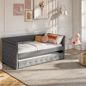 Bed met slaaplade LOUISE – 2 x 90 x 190 cm – Grijze stof Bed met slaaplade LOUISE – 2 x 90 x 190 cm – Grijze stof