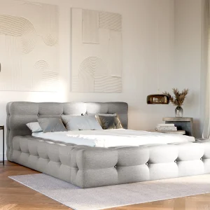 Bed met capitonnage 180 x 200 cm van lichtgrijze gechineerde stof – LERUCO van Pascal Morabito Bed met capitonnage 180 x 200 cm van lichtgrijze gechineerde stof – LERUCO van Pascal Morabito