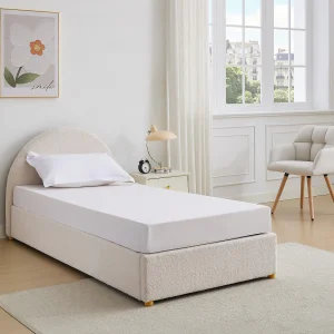 Bed met opbergruimte, 90 x 190 cm van boucléstof, crèmewit + matras – LIRIMO Bed met opbergruimte, 90 x 190 cm van boucléstof, crèmewit + matras – LIRIMO