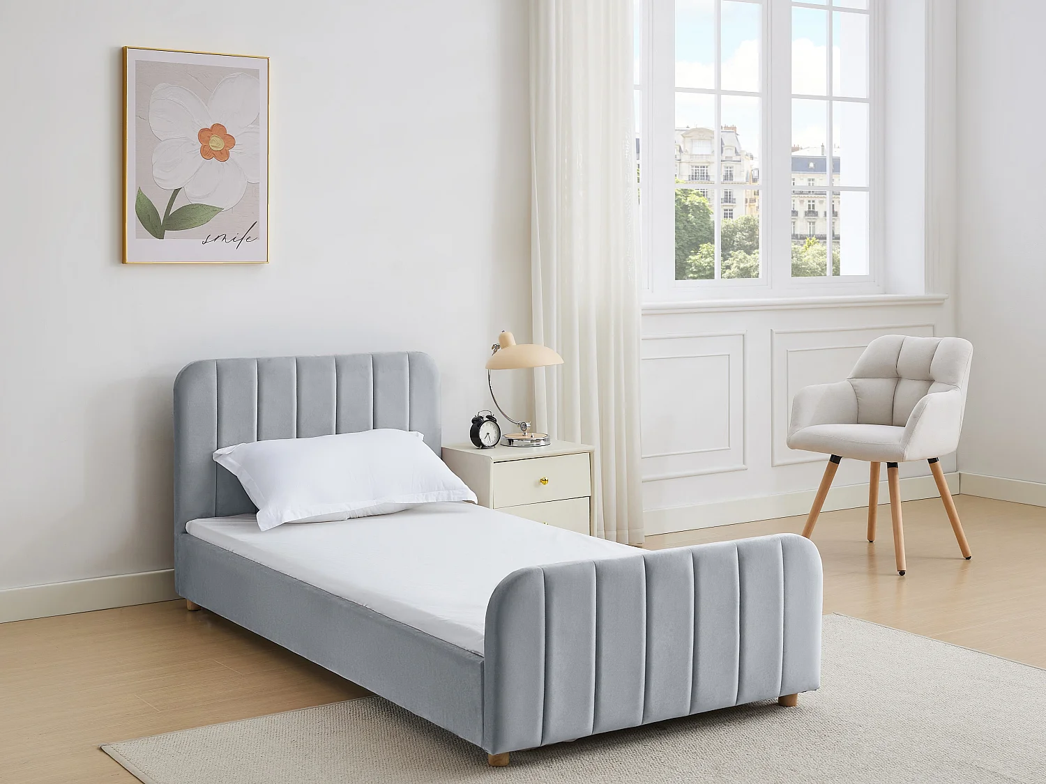 Bed 90 x 190 cm van velours met verticale stiksels, grijs - ROGADI