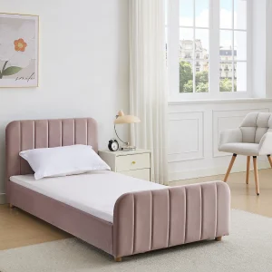 Bed 90 x 190 cm van velours met verticale stiksels, roze + matras – ROGADI
