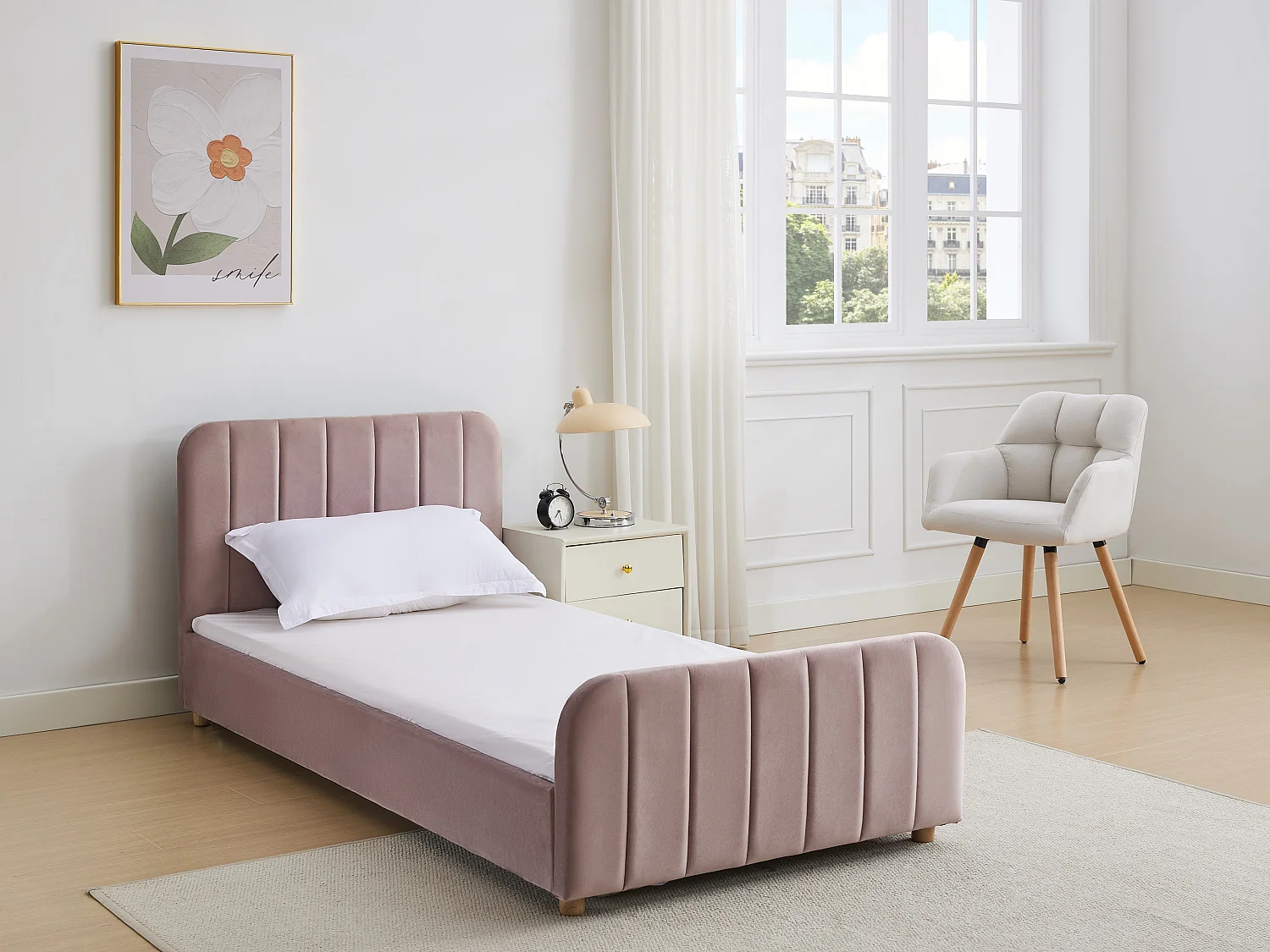 Bed 90 x 190 cm van velours met verticale stiksels, roze + matras - ROGADI