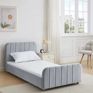 Bed 90 x 190 cm van velours met verticale stiksels, grijs + matras – ROGADI
