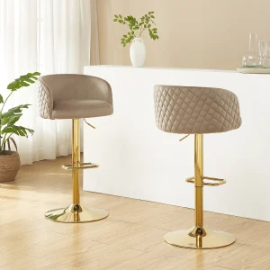 Barkruk in fluweel en goudkleurig metaal – Regelbare hoogte – Beige – PERLANITA Barkruk in fluweel en goudkleurig metaal – Regelbare hoogte – Beige – PERLANITA