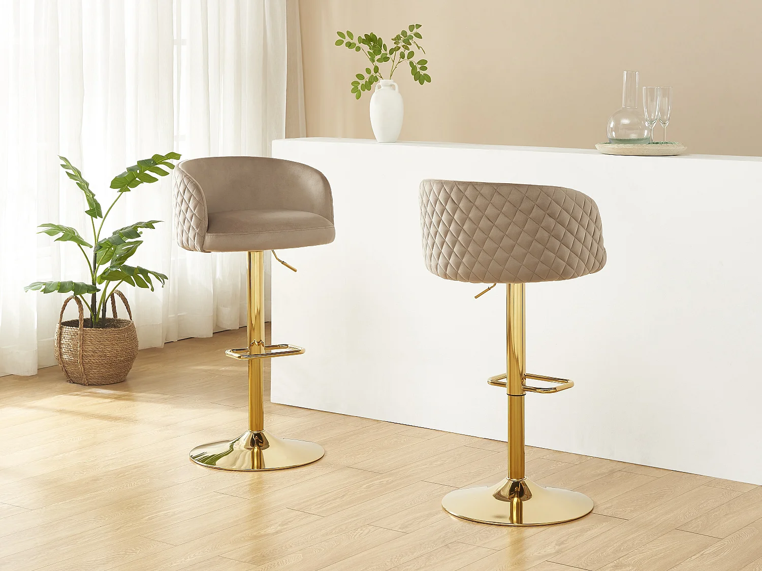 Barkruk in fluweel en goudkleurig metaal - Regelbare hoogte - Beige - PERLANITA