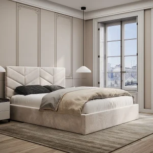 Bed met opbergruimte 180 x 200 cm in crèmekleurige textuurstof – JUSTANI Bed met opbergruimte 180 x 200 cm in crèmekleurige textuurstof – JUSTANI
