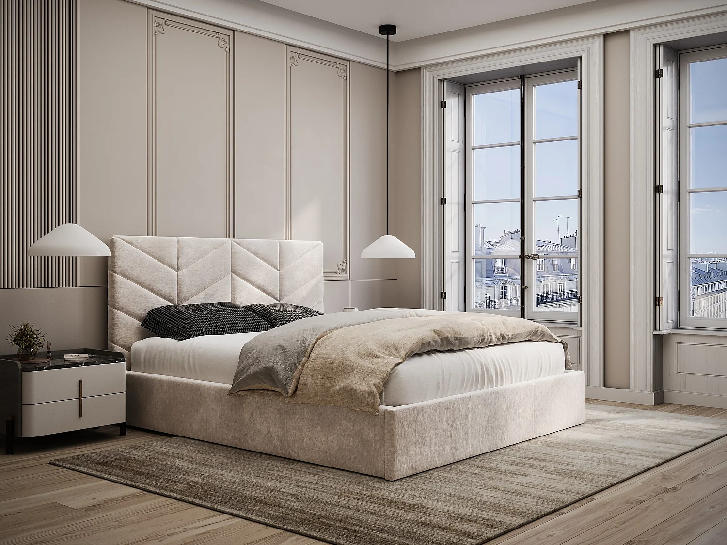Bed met opbergruimte 180 x 200 cm in crèmekleurige textuurstof - JUSTANI