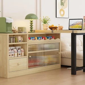 Barmeubilair、Buffet met uitschuifbare klaptafel – grote opbergruimte – naturel en zwart