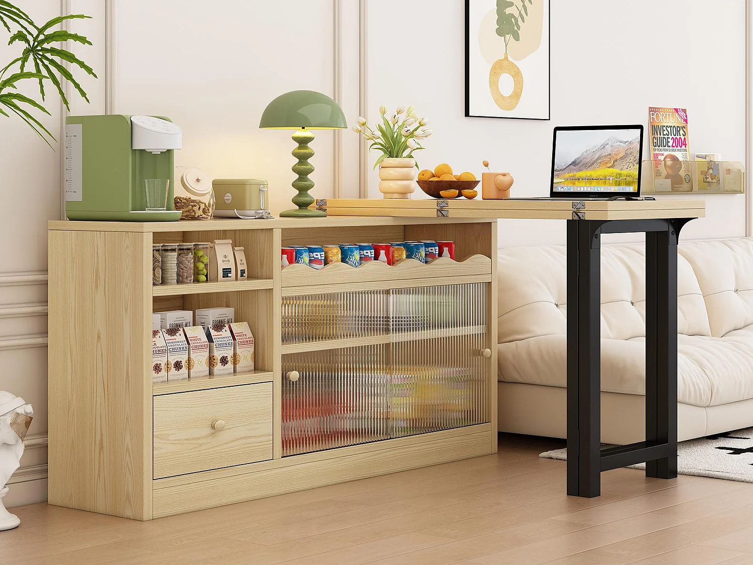 Barmeubilair、Buffet met uitschuifbare klaptafel - grote opbergruimte - naturel en zwart