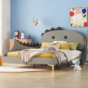 Bed van 140x200cm, kinderbed in de vorm van een cartoondinosaurus, plat bed met lattenbodem en hoofdeinde, PU-materiaal, groen Bed van 140x200cm, kinderbed in de vorm van een cartoondinosaurus, plat bed met lattenbodem en hoofdeinde, PU-materiaal, groen