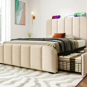 Bed met lades 90x200cm in linnenstof – met USB & Type-C opladen – versierd met gouden strepen – Beige Bed met lades 90x200cm in linnenstof – met USB & Type-C opladen – versierd met gouden strepen – Beige