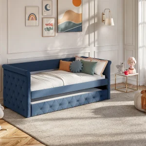 Bed met slaaplade LOUISE – 2 x 90 x 190 cm – Blauwe stof + matras Bed met slaaplade LOUISE – 2 x 90 x 190 cm – Blauwe stof + matras