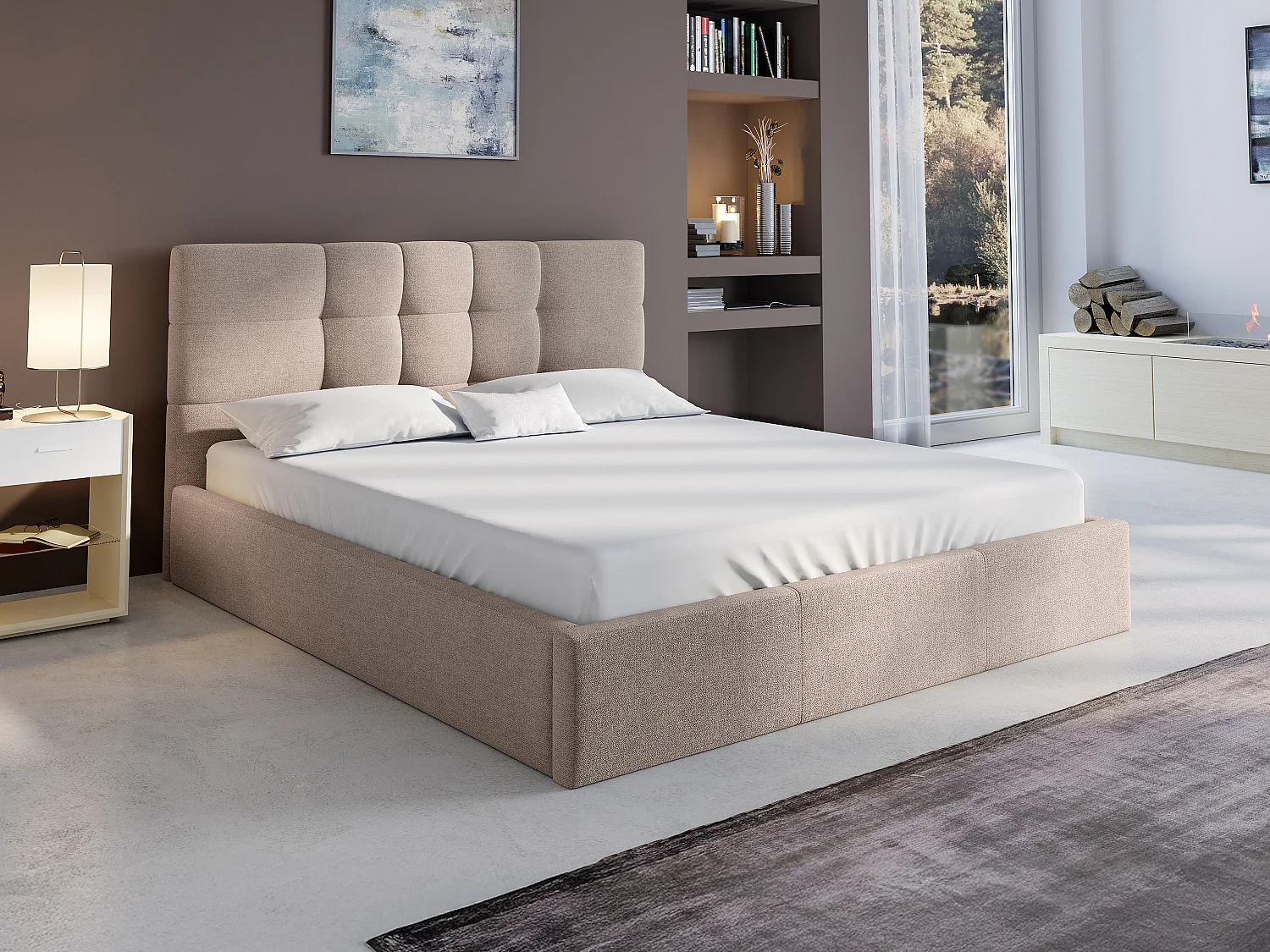 Bed met opbergruimte 140 x 190 cm van beige stof - ELIAVA