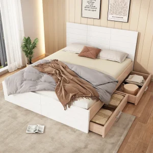 Bed 160 x 200 cm met hoofdeinde en 2 lades – Massief hout + MDF – Lattenbodem – Eiken/wit (zonder matras)