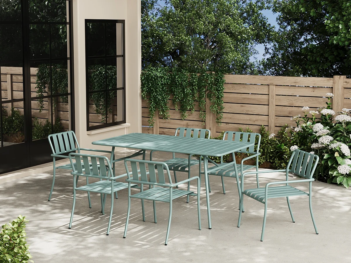Tuineethoek van metaal: 1 tafel L160 cm en 6 fauteuils - Amandelgroen - BIRMOS