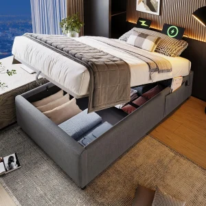 Bed gestoffeerde ladekast 90×200cm – linnenstof – met oplaadaansluitingen en lattenbodemkussen – Grijs Bed gestoffeerde ladekast 90×200cm – linnenstof – met oplaadaansluitingen en lattenbodemkussen – Grijs