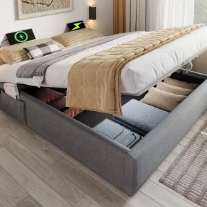 Bed gestoffeerde ladekast 160×200cm – linnenstof – met oplaadbare stopcontacten en lattenbodemkussen – Grijs Bed gestoffeerde ladekast 160×200cm – linnenstof – met oplaadbare stopcontacten en lattenbodemkussen – Grijs