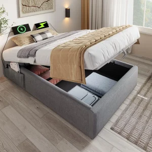 Bed gestoffeerde kofferbak 90×190cm – linnen stof – met oplaadaansluitingen en lattenbodemkussen – Grijs Bed gestoffeerde kofferbak 90×190cm – linnen stof – met oplaadaansluitingen en lattenbodemkussen – Grijs