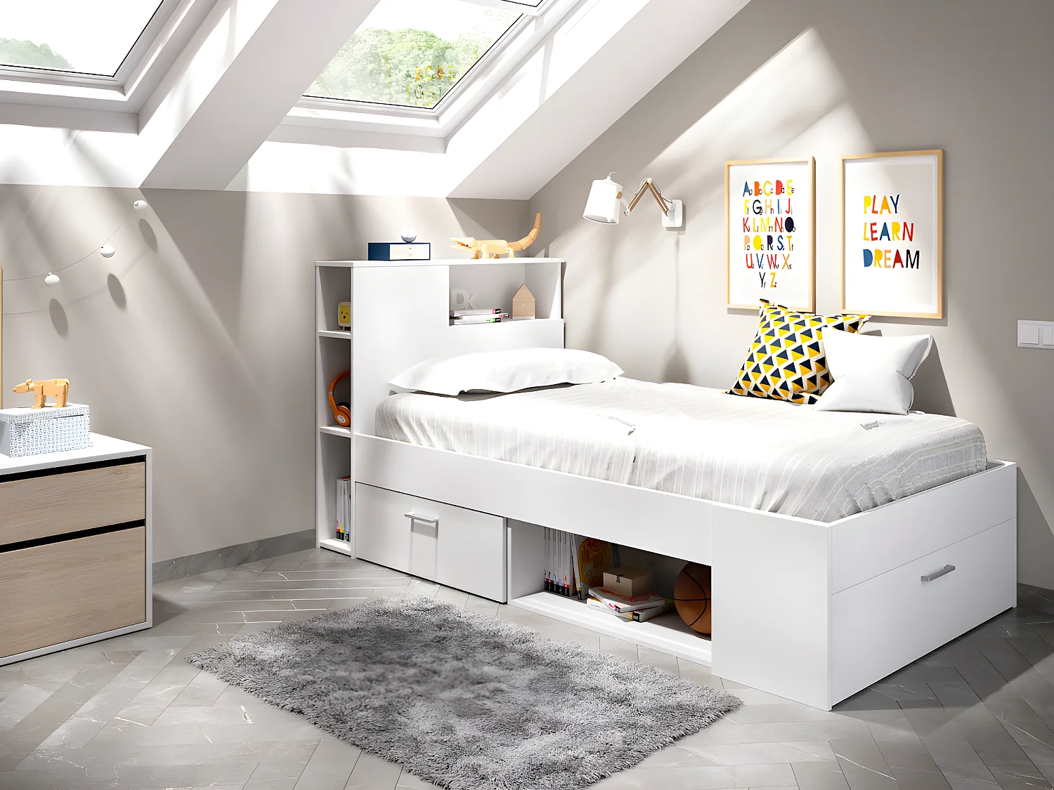 Bed LEANDRE met hoofdeinde, opbergruimte en lades - 90 x 190 cm - Wit + Bedbodem en matras