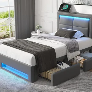 Bed met lades 90×190 cm in kunstleer – met LED en oplaadpoorten (bedraad & draadloos) – Grijs Bed met lades 90×190 cm in kunstleer – met LED en oplaadpoorten (bedraad & draadloos) – Grijs