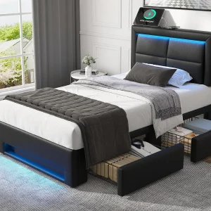 Bed met lades 90×190 cm in kunstleer – met LED en oplaadpoorten (bedraad & draadloos) – Zwart Bed met lades 90×190 cm in kunstleer – met LED en oplaadpoorten (bedraad & draadloos) – Zwart