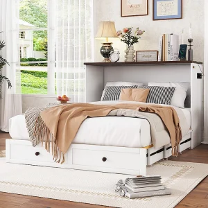 Beddenkast 140 x 200, met laden aan het uiteinde van het bed en planken aan het hoofdeinde van het bed, met USB en stopcontacten, wit Beddenkast 140 x 200, met laden aan het uiteinde van het bed en planken aan het hoofdeinde van het bed, met USB en stopcontacten, wit