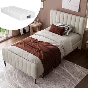 Bed met verstelbaar hoofdeinde – 90 x 200 cm – linnen stof – lattenbodem – beige + matras