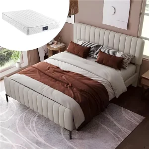 Bed met verstelbaar hoofdeinde – 160 x 200 cm – linnenstof – lattenbodem – beige + matras
