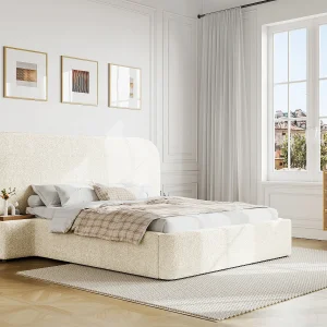 Bed met opbergruimte, 180 x 200 cm met nachtkastjes van witte boucléstof + matras – ESTERIA van Maison Céphy Bed met opbergruimte, 180 x 200 cm met nachtkastjes van witte boucléstof + matras – ESTERIA van Maison Céphy
