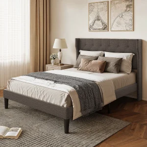 Bealife 140 x 200 cm enkelbed, bedframe, beukenlattenbodem, 20 cm opbergruimte, donkergrijs