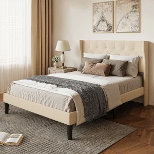 Bealife 140 x 200 cm enkelbed, bedframe, beukenlattenbodem, 20 cm opbergruimte, beige Bealife 140 x 200 cm enkelbed, bedframe, beukenlattenbodem, 20 cm opbergruimte, beige